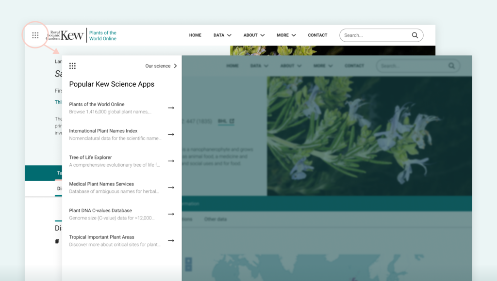 Image displaying the Kew Gardens App Switcher