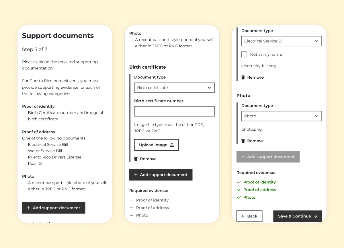Screenshots showing the document upload flow on mobile